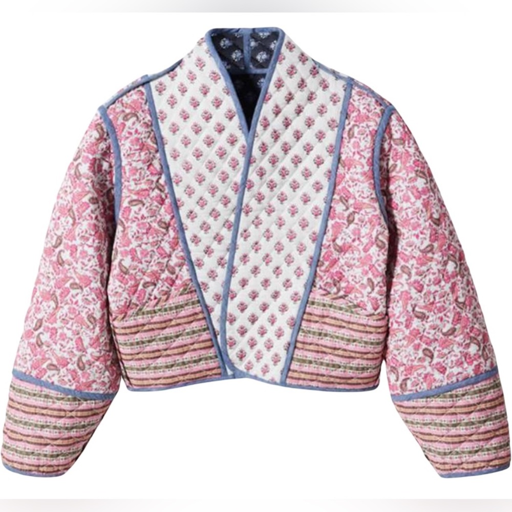 Cropped Puffer Jacket Stand Collar Floral Printed Open Front Quilted Lightweight - Picture 10 of 15